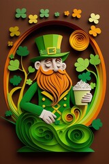 Generative AI illustration of whimsical Irish cartoon, shamrock, beer, green, pot of gold, happy St. Patrick’s Day, quilling paper cut art