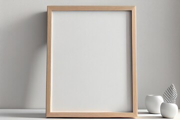 Generative AI illustration of wooden picture frame mockup in side frame. Just blank frame and wooden outline. Mock up for an illustration.