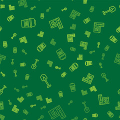 Set line Fire bucket, shovel and Building of fire station on seamless pattern. Vector