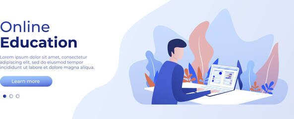 Online education concept. Vector layout for website page. Illustration in flat style with people studying remotely. Students learning online at home. PNG image