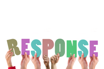 Colorful alphabet spelling response held up by people 