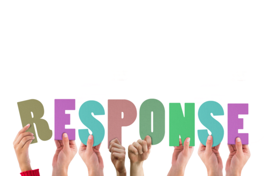 Colorful alphabet spelling response held up by people 