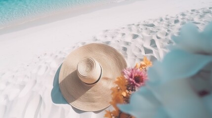 Fototapeta na wymiar Travel and sand beach flat lay with sun hat, shells, sunglasses, near sea, space for copy