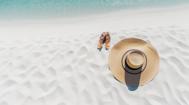 Travel and sand beach flat lay with sun hat, shells, sunglasses, near sea, space for copy
