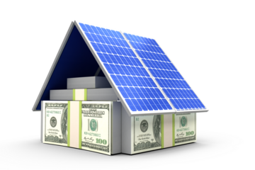 3d image of US paper currency and solar panels arranged in house shape