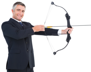 Smiling businessman stretching a bow