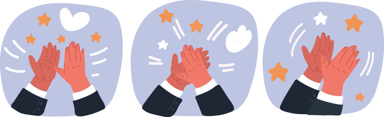 Vector illustration of Human hands clapping. People crowd applaud to congratulate success job. Man claps phase hand appreciation
