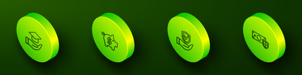 Set Isometric line Education grant, Piggy bank, Shield in hand and Money with shield icon. Vector