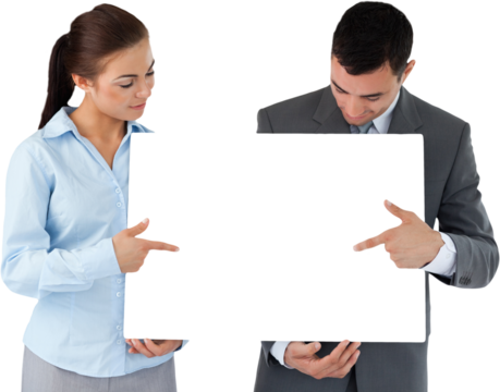 Business partners pointing at sign they are presenting - Powered by Adobe