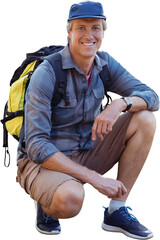 Portrait of confident male hiker crouching
