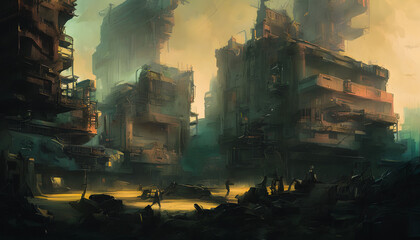 A dystopian environment with a glimpse of a ruined city. Surrealism. Generative AI