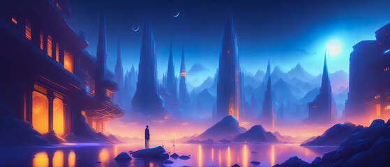 A futuristic cityscape in the distance. Metaverse. World of the future. Vibrant colors. Light flares and blurs. Generative AI.