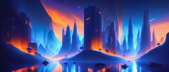 A futuristic cityscape in the distance. Metaverse. World of the future. Vibrant colors. Light flares and blurs. Generative AI.