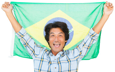 Football fan cheering while holding Brazil flag