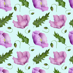 Seamless pattern with poppies, buds and leaves, digital painting, hand-drawn.