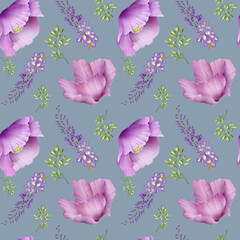 Seamless pattern with poppies and wisteria, digital painting, hand-drawn.