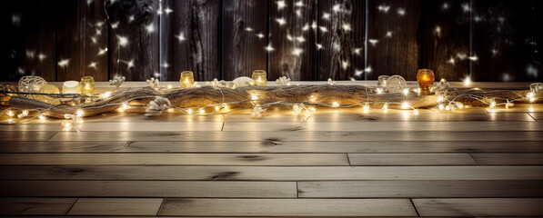 An empty wooden table in the background with Christmas lights. Perfect for product mockups. Generative Ai.
