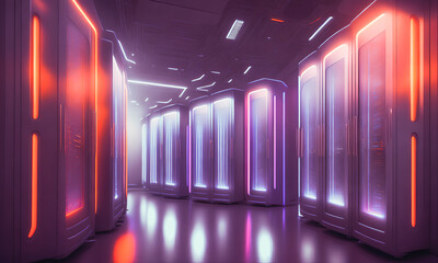 A modern server room with glowing computers. LED strips. Technological curiosity. Generative AI