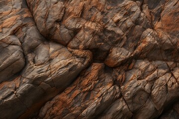 Wide Panoramic Brown Rock Texture with Cracks - Rough Mountain Surface Close-up, Stone Background for Design - AI-Generated
