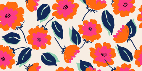 Obraz premium Hand drawn flowers, seamless patterns with floral for fabric, textiles, clothing, wrapping paper, cover, banner, interior decor, abstract backgrounds.