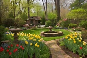 Obraz premium Vibrant Springtime Scenery - Blooming Flowers and Lush Greenery - Season of Rebirth and Renewal - AI-Generated