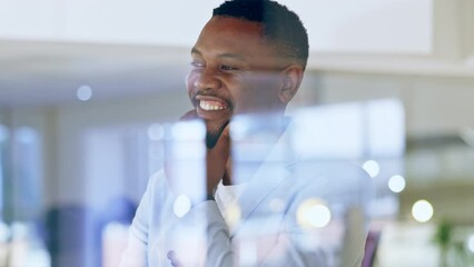 Business, glass and black man thinking, opportunity and smile for new project, success and ideas. Male employee, entrepreneur and ceo with happiness, window or mindset for startup, decision or choice