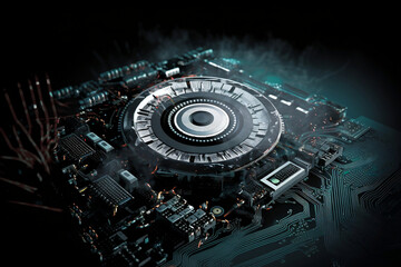 Fototapeta premium Hi-Tech Gear Wheel on Circuit Board Illustration for Engineering, Digital Business, and Teamwork Concepts - AI-Generated 