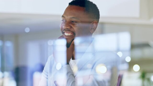 Business, glass and black man thinking, opportunity and smile for new project, success and ideas. Male employee, entrepreneur and ceo with happiness, window or mindset for startup, decision or choice