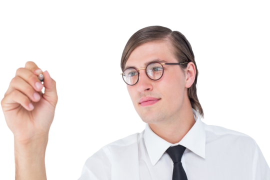 Geeky businessman writing with pen