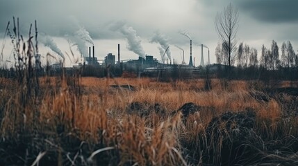 Fototapeta na wymiar polluting factory background with lots of black smoke chimneys, production emissions, nature pollution theme