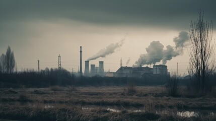Fototapeta na wymiar polluting factory background with lots of black smoke chimneys, production emissions, nature pollution theme 