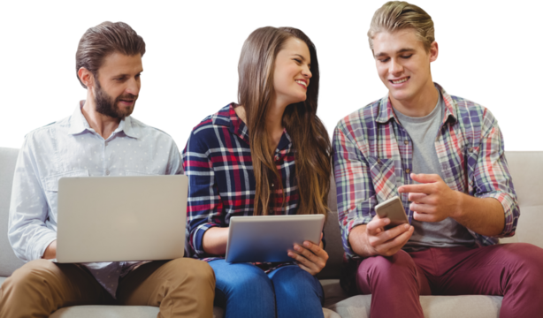 Business people using wireless technology while sitting against white background