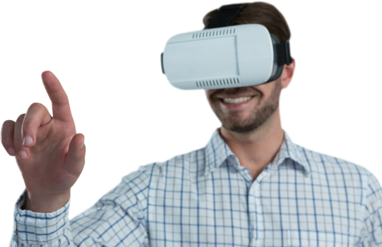Man gesturing while using virtual reality headset