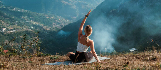 Yoga mountains.Retreat,meditation wellness.Fit nature,fitness, yoga,meditative breathing practices.Meditation,relaxation,mental health.Active lifestyle, health.Wellness,workout,physical health