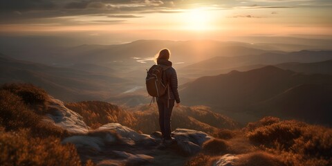 Obraz premium Abstract Female Hiker stands at the summit of a difficult mountain climb to be greeted with a beautiful view of the sunrise. Generative ai. Advertising photography style.