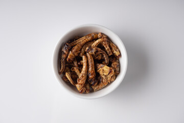 edible grasshopper in a transparent plate on a white background