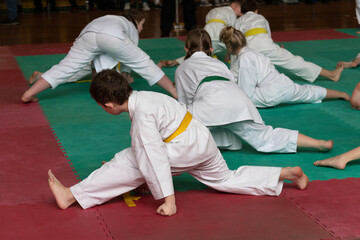 Warm-up, sports training. Karate, judo, taekwondo. Kimono. Gym. Teenagers go in for sports