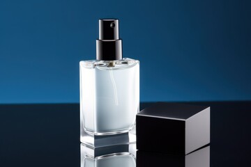 Transparent bottle of perfume on blue studio background. Fragrance presentation with daylight. Trending concept. Women's and men's essence