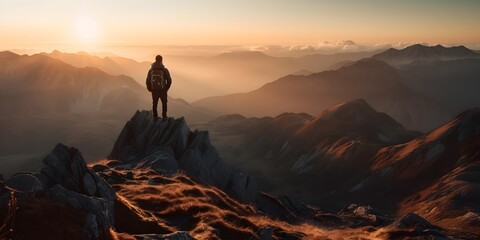 Abstract Male Hiker stands at the summit of a difficult mountain climb to be greeted with a beautiful view of the sunrise. Generative ai. Advertising photography style.