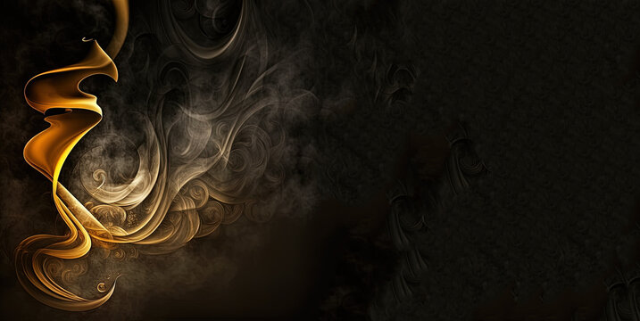 Smoke fire card, gold fire moking on black background, smoking wave, luxury incense on black. Generative AI