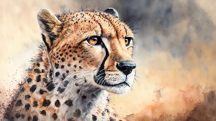 Portrait of a cheetah in the style of watercolor painting