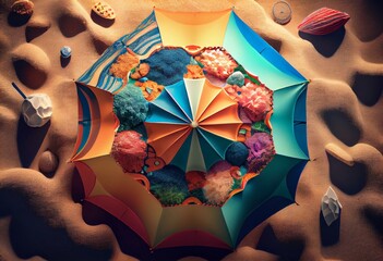 Summer elements, Colorful beach umbrella, 3d rendering. Generative AI