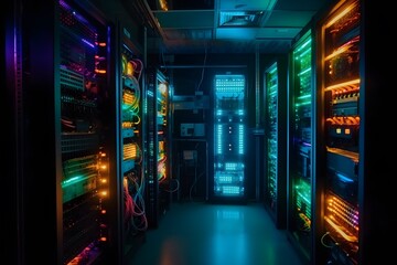 Neon lights. Platform for hosting servers contemporary Internet contents. Rack housing server data storage hardware. Connected by a lot of network cables. Generative AI