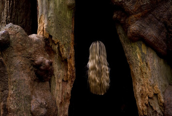 A woman with long, blond hair stands in the old growth redwood forest, her body blacked out by the darkness between the trees so it looks like a floating head; California, United States of America