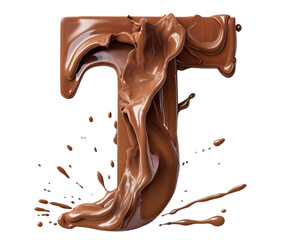 Letter T made with splashing melted chocolate cut out. Generative AI realistic illustration