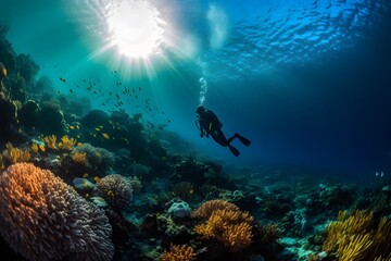 Fototapeta na wymiar Scuba diving in tropical ocean coral reef sea under water. Generative ai.