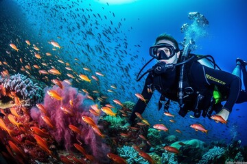 Scuba diving in tropical ocean coral reef sea under water. Generative ai.