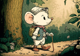 cartoon white little mouse in clothes, generative AI