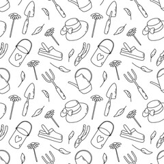 Garden vector seamless pattern with watering can, secateurs, shovel, hat, bucket, pitchfork, slipper, flowers, leaves. Outline illustration for textile, paper.