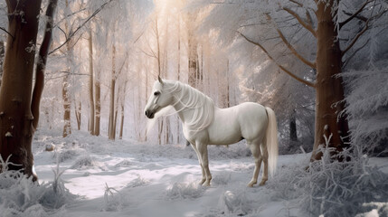 White horse in winter forest wonderland with beautiful magic light on glittering snow, AI Generative illustration